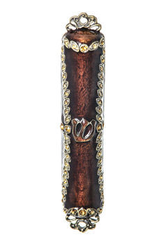 Brown Enamel Mezuzah Case With Stones