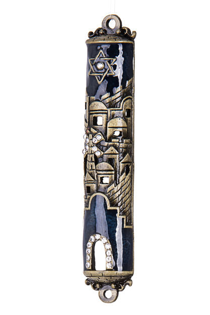 Blue Enameled Jerusalem Mezuzah Case